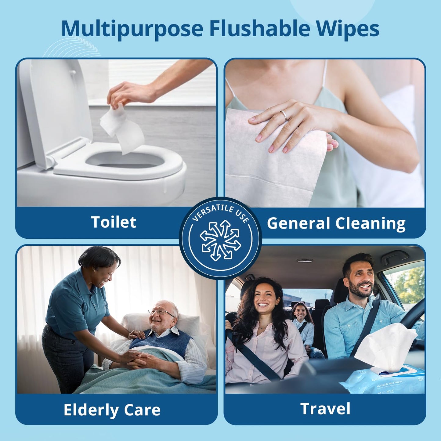 WhyWorry Flushable Wipes for Adults, Extra Large 8"x10" Butt Wipes for Personal Hygiene & Cleansing, Chamomile and Vitamin E, 100% Plant-Based, Septic & Sewer Safe, Sea Incense, 384 Count (8 Packs)