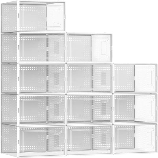 Secret Space 12 Pack Large Shoe Organizer Storage Boxes for Closet, Modular Space Saving Shoe Boxes Clear Plastic Stackable Sneaker Containers Display Case with Lids, White02