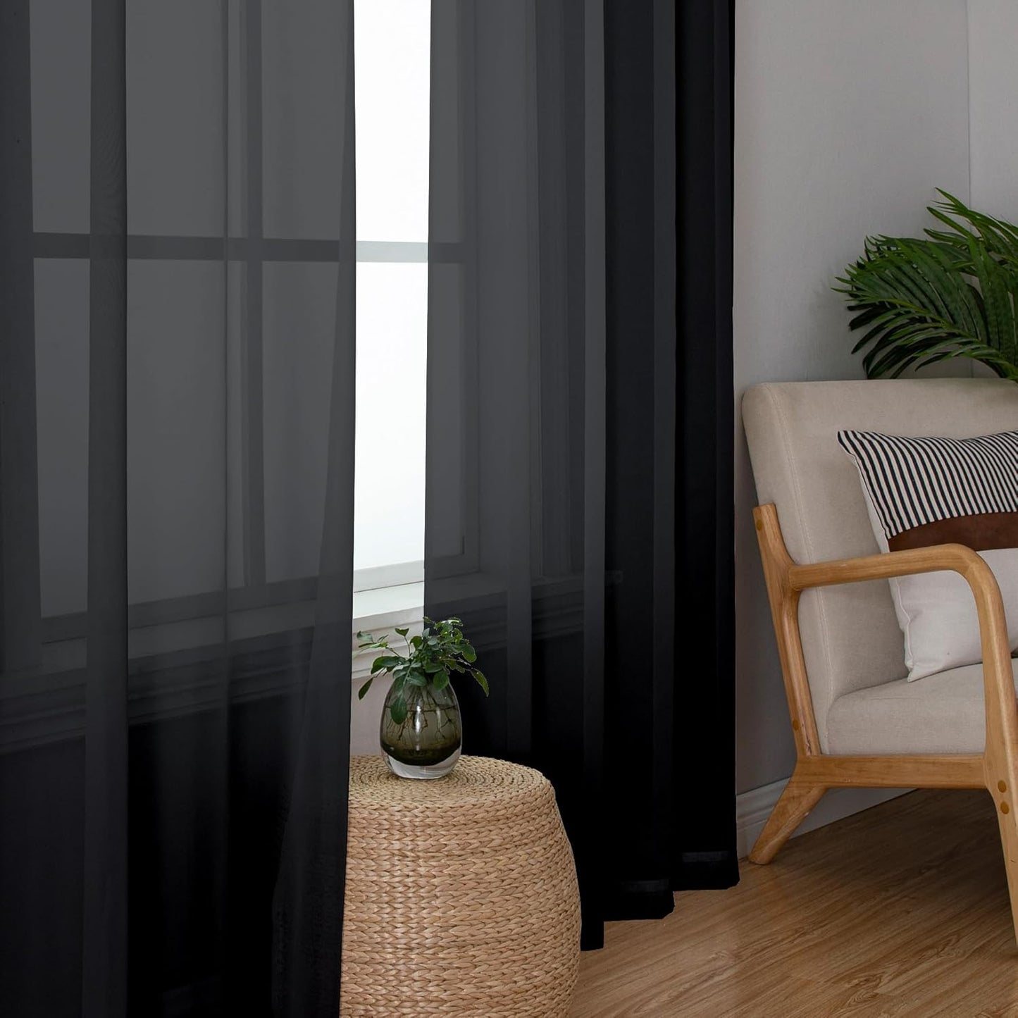 Chyhomenyc Black Sheer Window Curtain Panels 54 Inch 2 Panels, Light Filtering Solid Voile Curtains Drapes for Small Window/Bathroom/Living Room/Bedroom, Rod Pocket, Each 42Wx54L