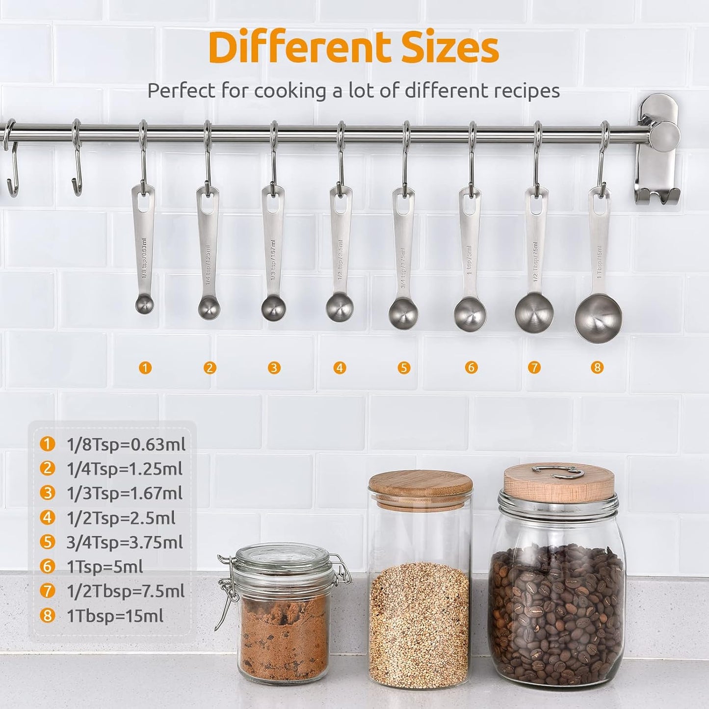 Measuring Spoons: U-Taste 18/8 Stainless Steel Measuring Spoons Set of 8 Piece: 1/8 tsp, 1/4 tsp, 1/3 tsp, 1/2 tsp, 3/4 tsp, 1 tsp, 1/2 tbsp & 1 tbsp Dry and Liquid Ingredients