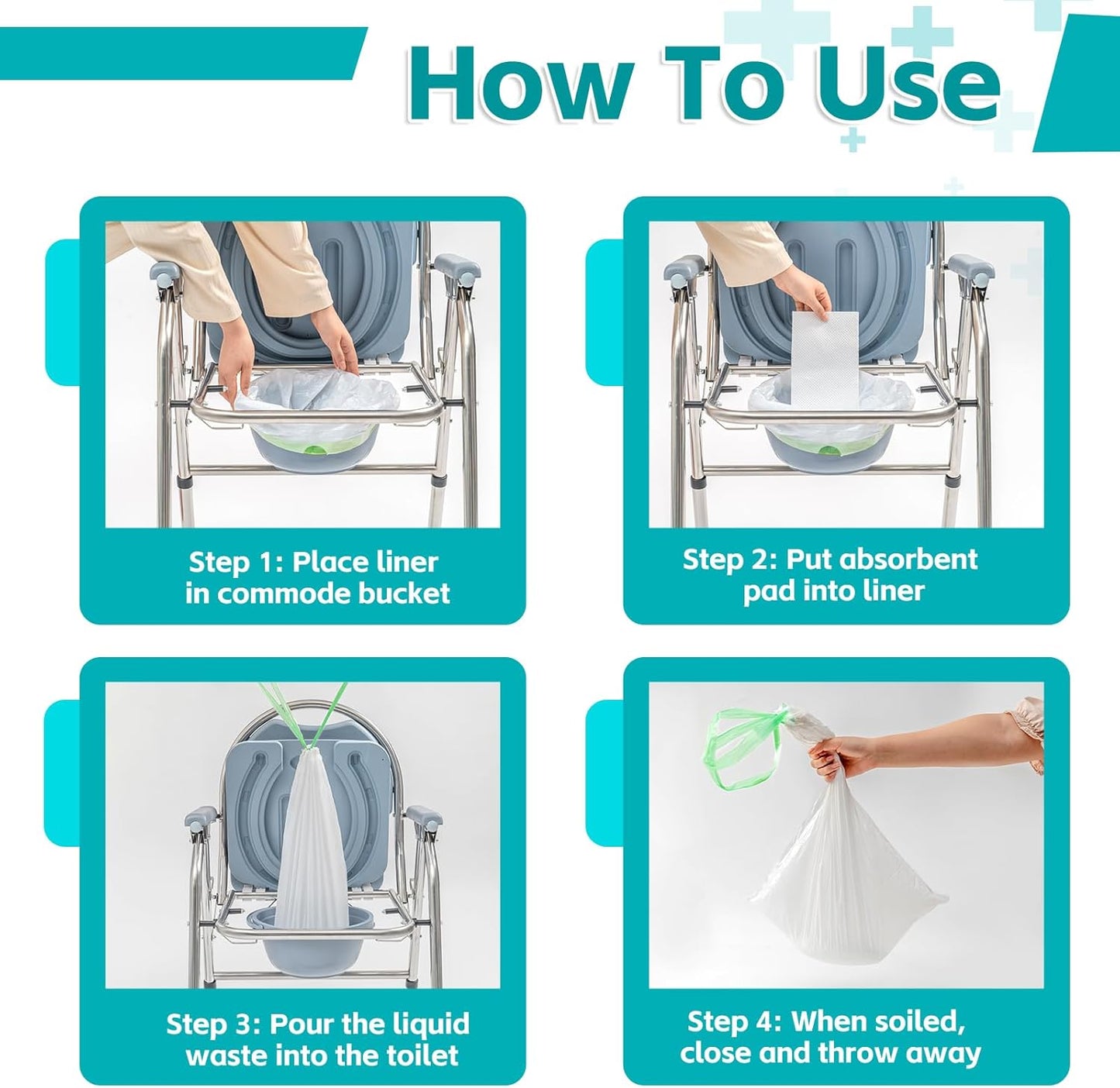 60 Pack Commode Liners with Super Absorbent Pads, Disposable Leakproof Bedside Commode Bags, Universal Fit for Standard Toilet Chair Buckets(60 Bags+60 Pads) (60PACK)