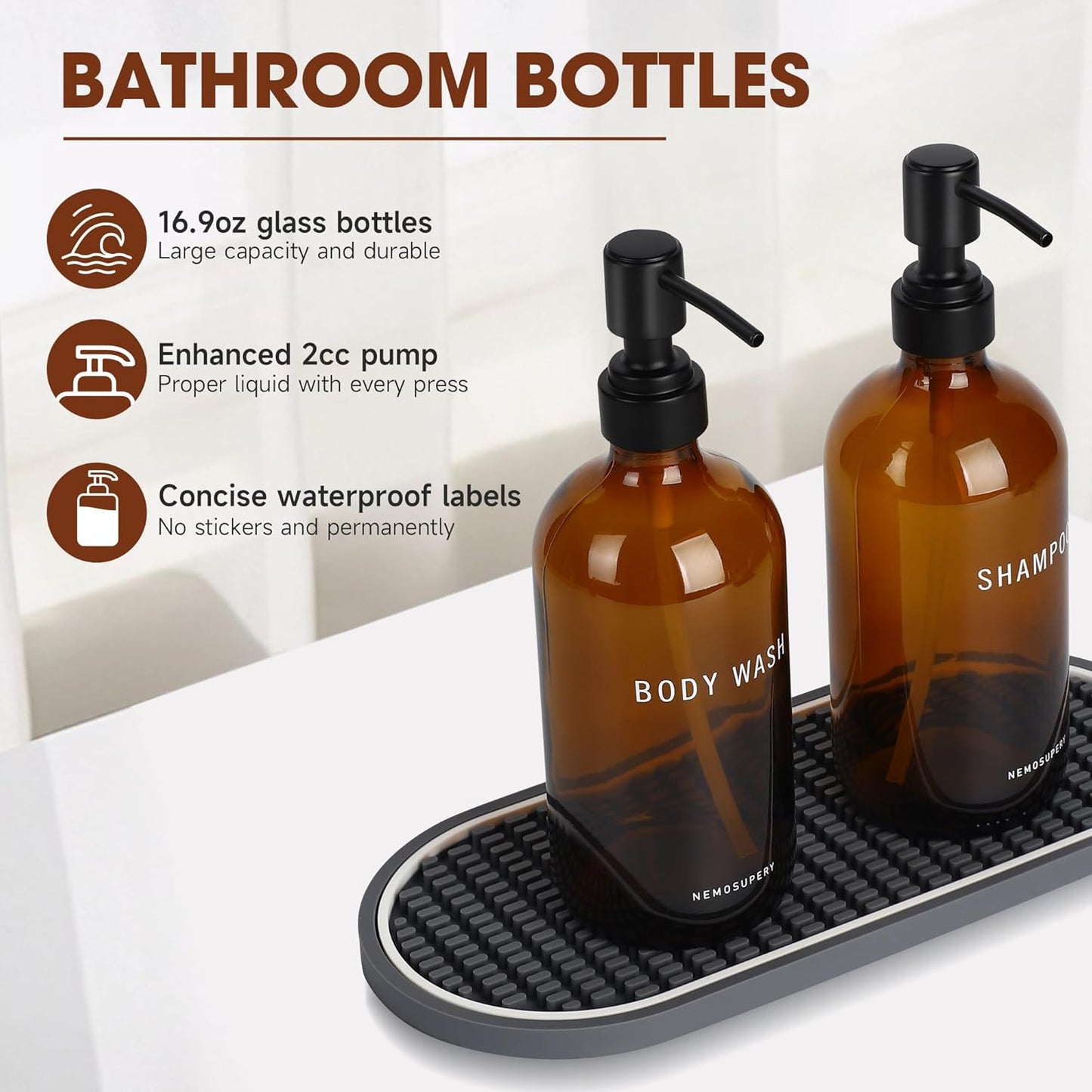 Glass Shampoo and Conditioner Dispenser-Shampoo Dispenser for Shower-16.9 fl oz Set of 3 Refillable Glass Bottles with Pump and Labels-Shower Soap Dispenser for Bathroom(Amber)