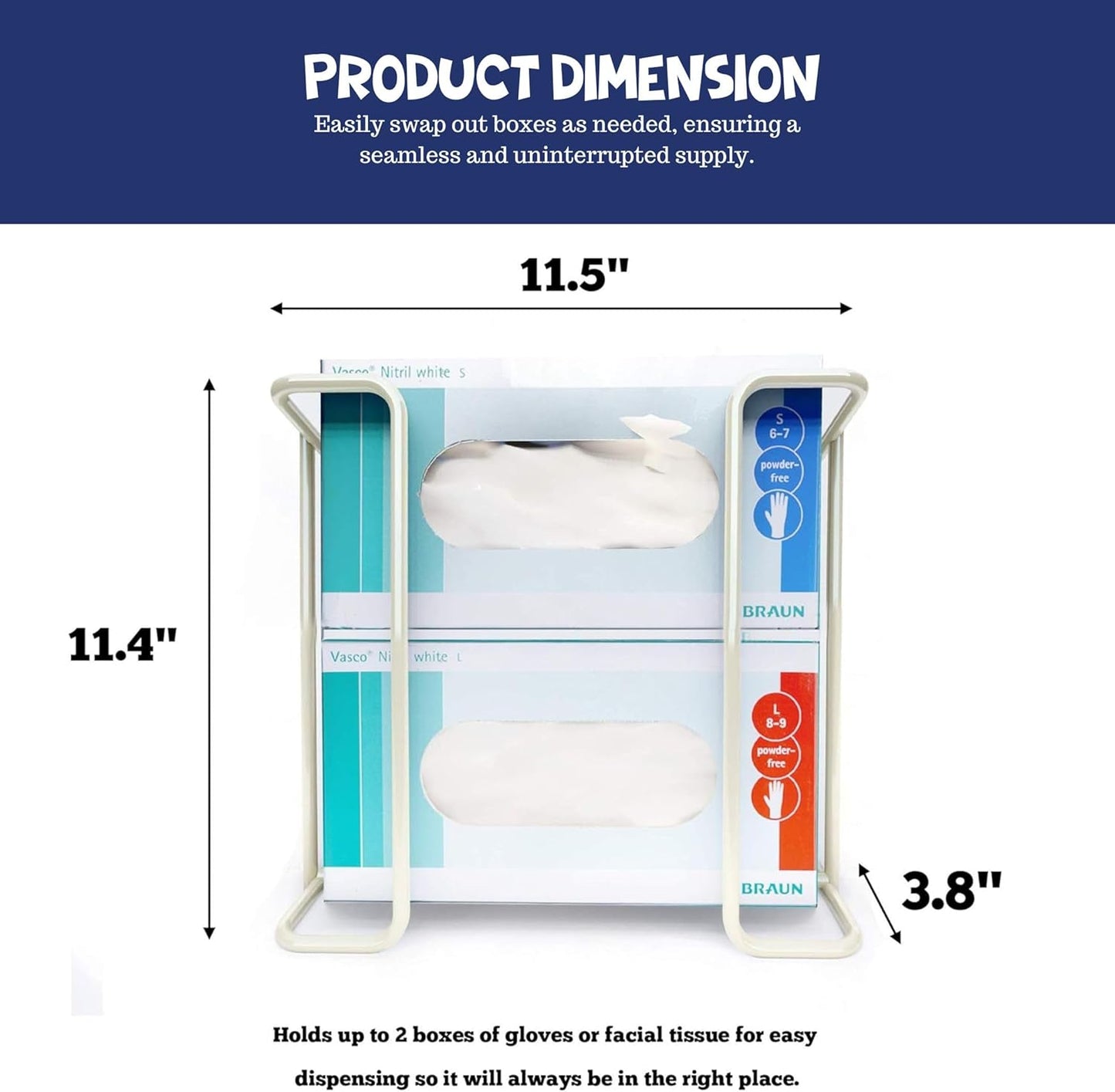 Disposable Glove and Facial Tissue Wire Rack, Dispenser, Wall Mount Design With Mounting Accessories Included, White Durable Metal Organizer Glove Dispenser for Home, Lab, Office and Food Service