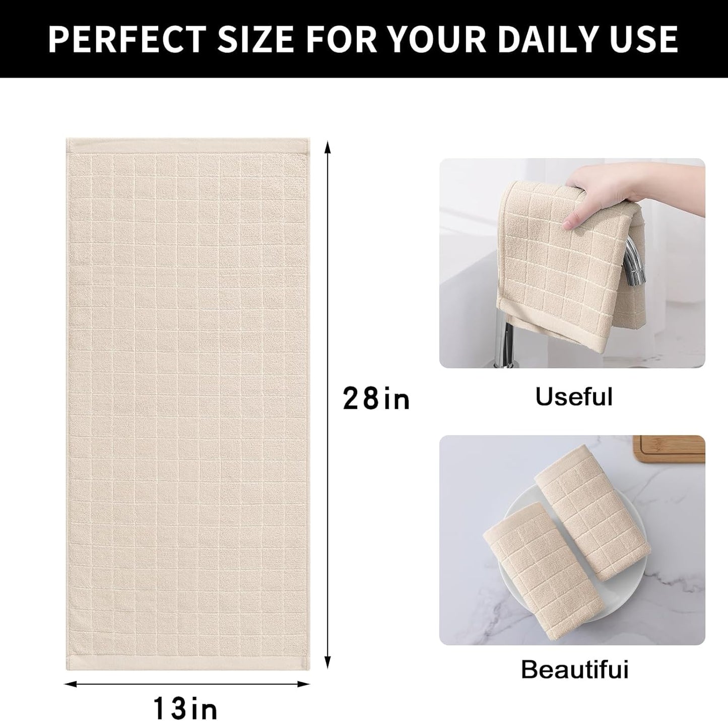 Homaxy 100% Cotton Terry Kitchen Towels(Beige, 13 x 28 inches), Checkered Designed, Soft and Super Absorbent Dish Towels, 4 Pack