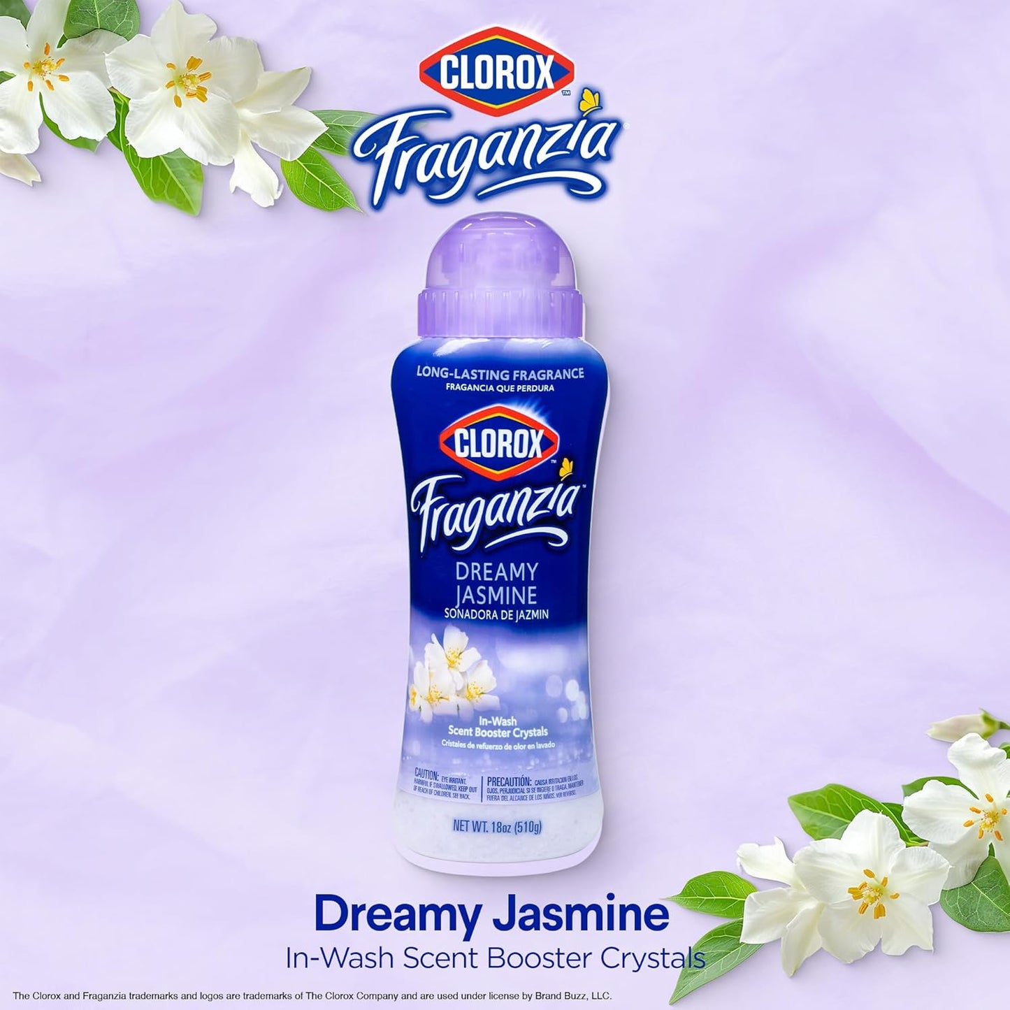 Clorox Fraganzia Laundry Scent Booster Crystals in Dreamy Jasmine Scent - Scented In-Wash Freshener Beads for Fresh, Clean, Great Smelling Clothes and Linens, 18 Oz - 2 Pack