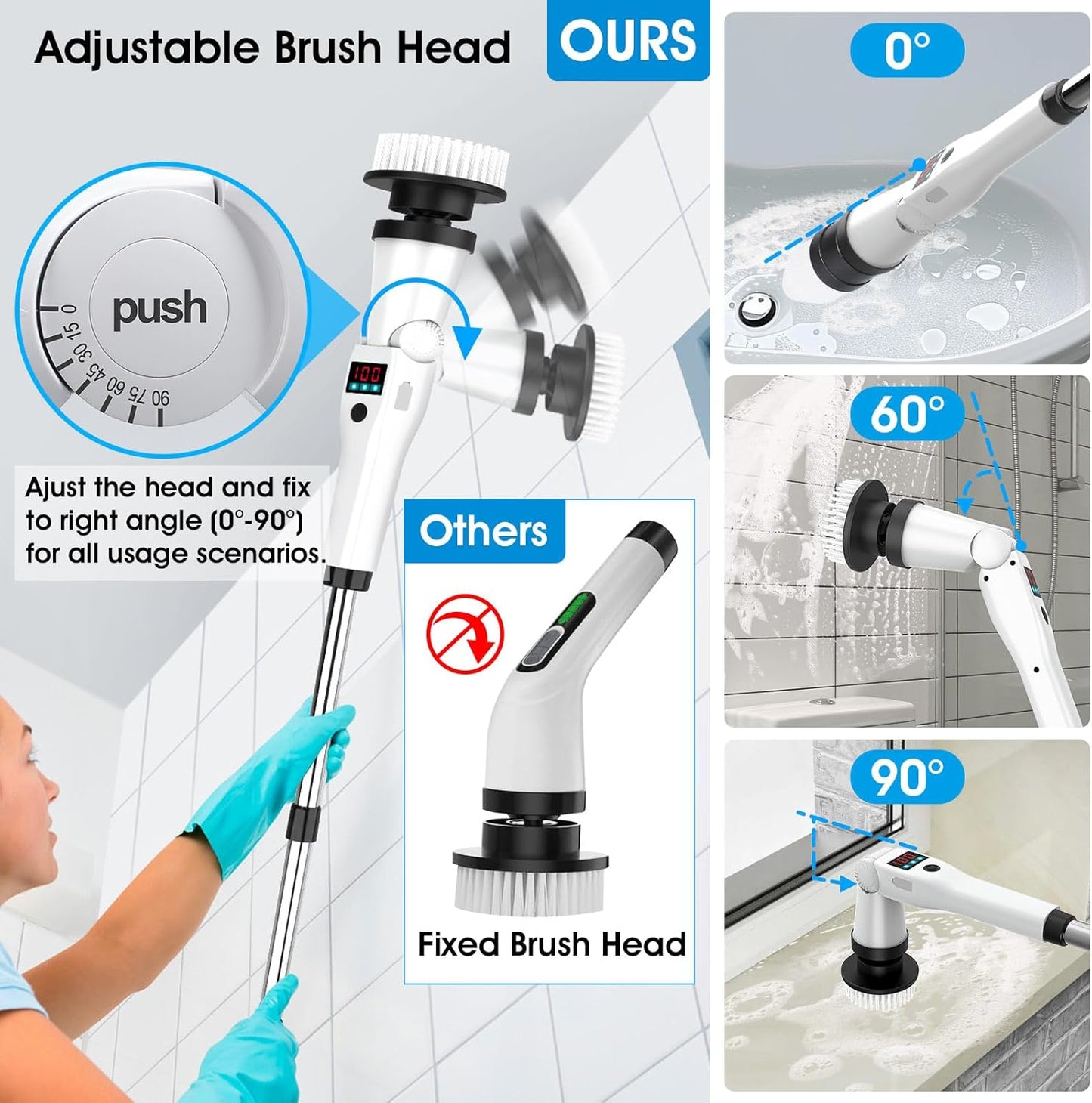 Electric Spin Scrubber, Shower Scrubber with Long Handle & 3 Speeds, 5200mAh Rechargeable Cordless Power Scrubber, Retractable & Adjustable Angle Spin Brush for Cleaning Bathroom/Tub/Floor/Tile