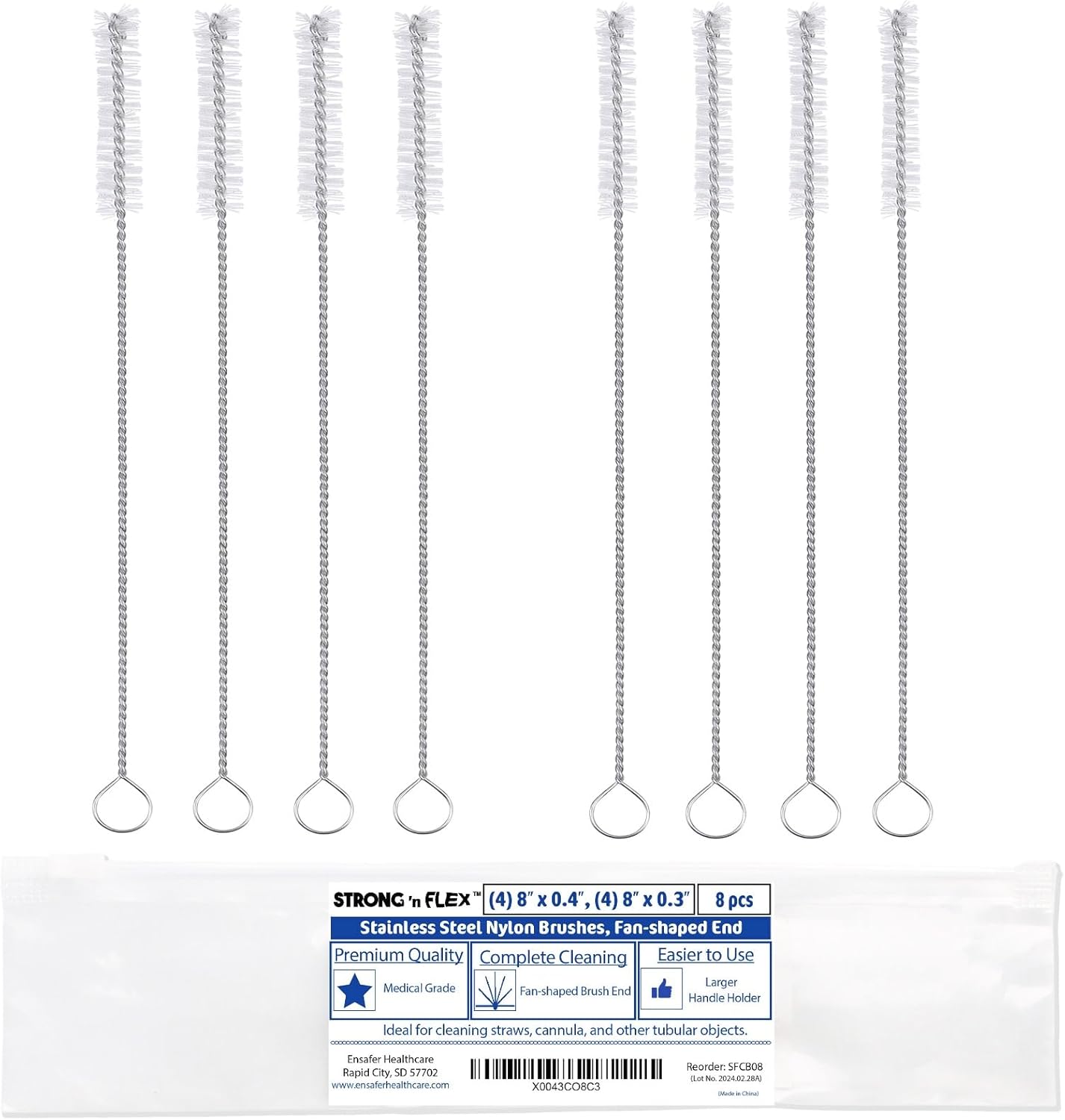 Strong 'n Flex Nylon Straw Cleaner Brushes – Fan-Shaped End for Tight Spaces, Ideal for Reusable Straws, Water Bottles, Sippy Cups & Pipes – Includes Zippered Pouch – 8" Long – Set of 8