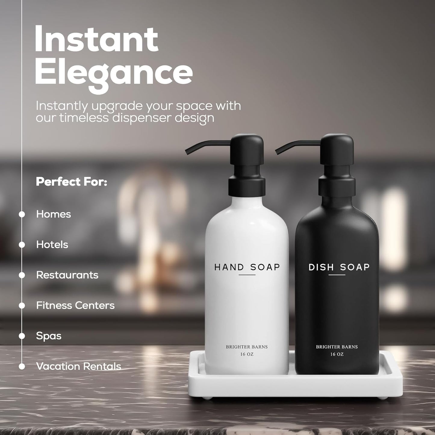 Luxury Glass Hand and Dish Soap Dispenser Set by Brighter Barns - Kitchen Soap Dispenser Set with Tray for Kitchen, Home or Restaurant - Modern Farmhouse Kitchen Decor (Black/White)