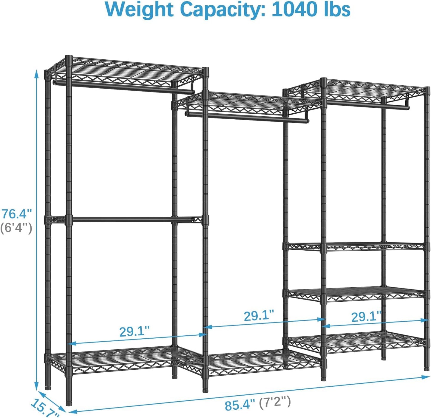 VIPEK V5 Plus Large Portable Closet Rack Freestanding Wardrobe Closet, Multi-Functional Clothes Rack Heavy Duty Metal Clothing Rack for Hanging Clothes, 85.4" L x 15.7" W x 76.4" H, Black