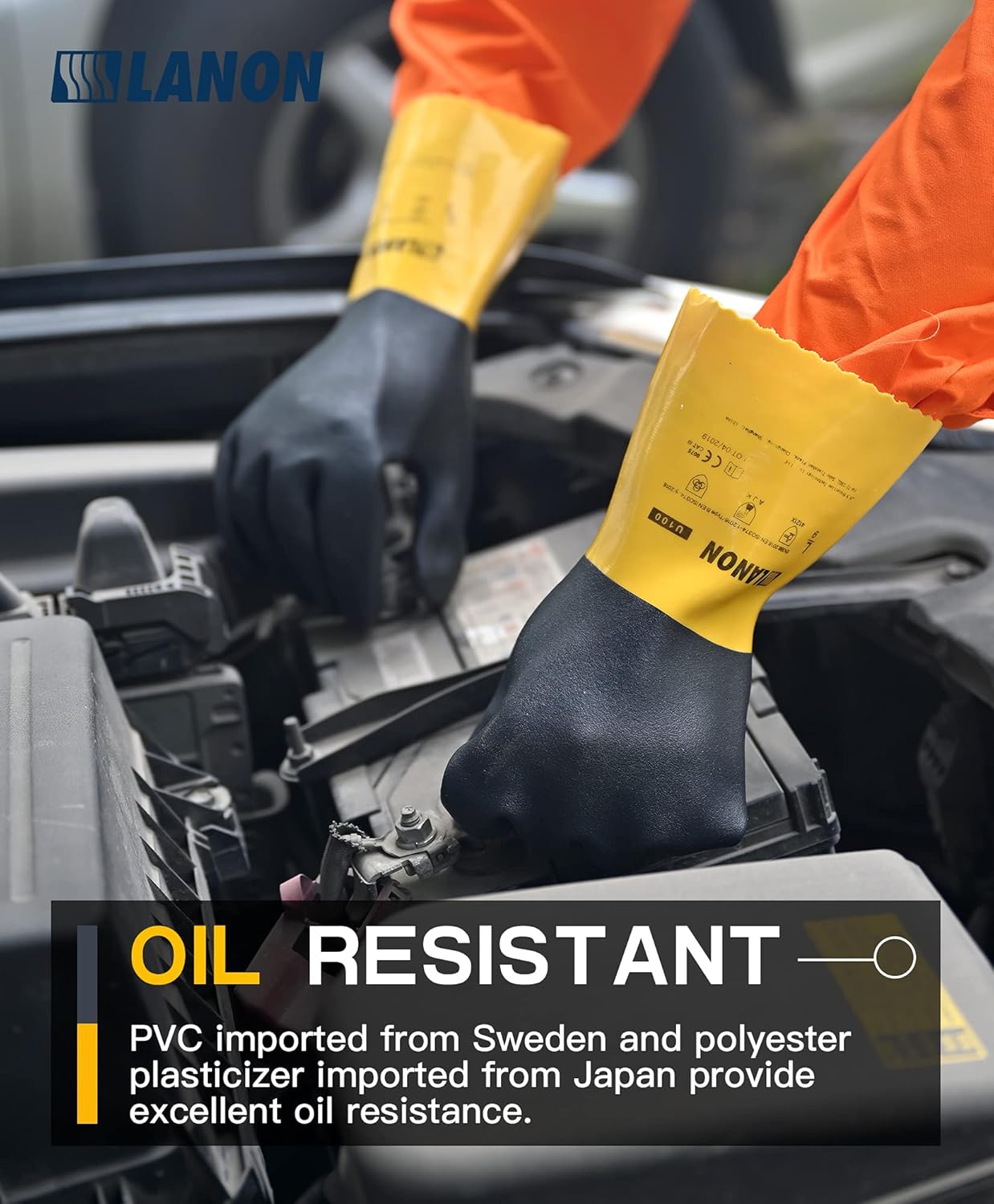 LANON PVC Chemical Gloves, Thick Rubber Work Gloves, Heavy-Duty, EN 374/388, Acid, Alkali and Oil, Non-Slip, XL