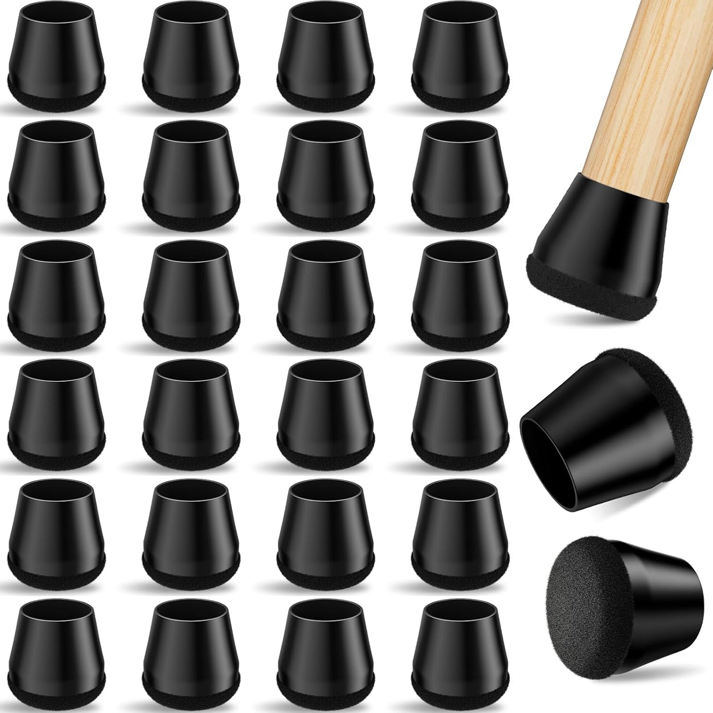24 PCS Silicone & Felt Chair Leg Floor Protectors for Hardwood Floors - Furniture Pads, Chair Leg Covers/Cups - No Noise & Scratch-Proof - Round M (Fits 1"-1 3/16" / 24-30mm), Black