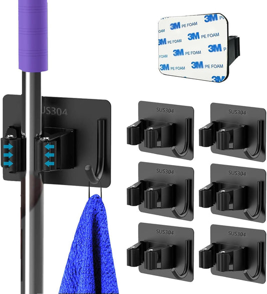 Mop and Broom Holder Wall Mount Stainless Steel Broom Mop Hanger Wall Mounted Garden Tool Rack Organizer for Closet Garage Laundry Room Kitchen Decor (Black) (6)