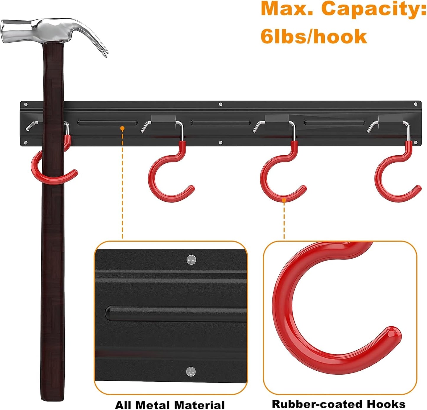 WALMANN All Metal 64 Inch Wall Mount Garden Tool Organizer for Garage, Mop and Broom Holder, Yard Tool Storage Rack for Rake, Shovel, Spade, Mop, Broom(4 Rails, 16 Hooks)