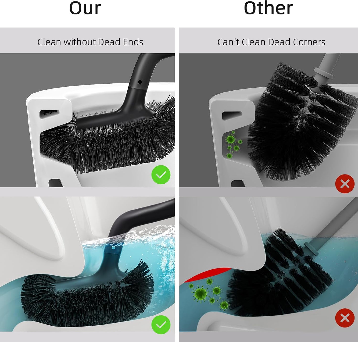HAMITOR Toilet Bowl Brush Holder Set: Bathroom Deep Cleaning Toilet Cleaner Scrubber Under Rim with Curved Bristle for Dead Corner Clean - Hidden Rv Toilet Decorative Accessories with Caddy- Black