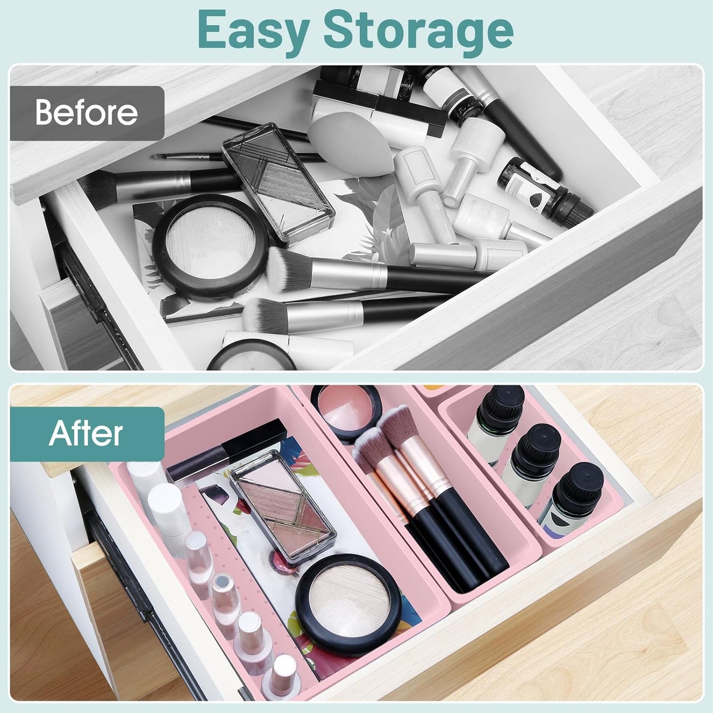 WOWBOX 25 PCS Plastic Drawer Organizer Set, 4 Sizes Desk Drawer Divider Organizers and Storage Bins for Makeup, Jewelry, Gadgets for Kitchen, Bedroom, Bathroom, Office, Pink