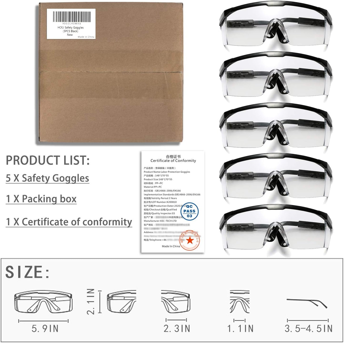 Safety Glasses, 5PCS Adjustable Wide-Vision Protective Glasses, Lightweight Fog-Proof Safety Goggles