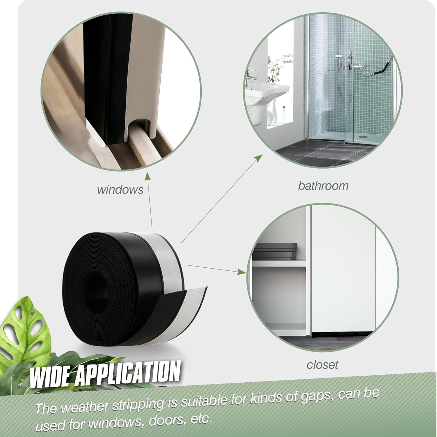 Silicone Weather Stripping Door Seal Strip, 16.4 Feet Self Adhesive Sealing Sticker Sealing Tape for Door Draft Stopper Adhesive for Doors Windows Shower Glass Gaps (Black, Width 25mm)