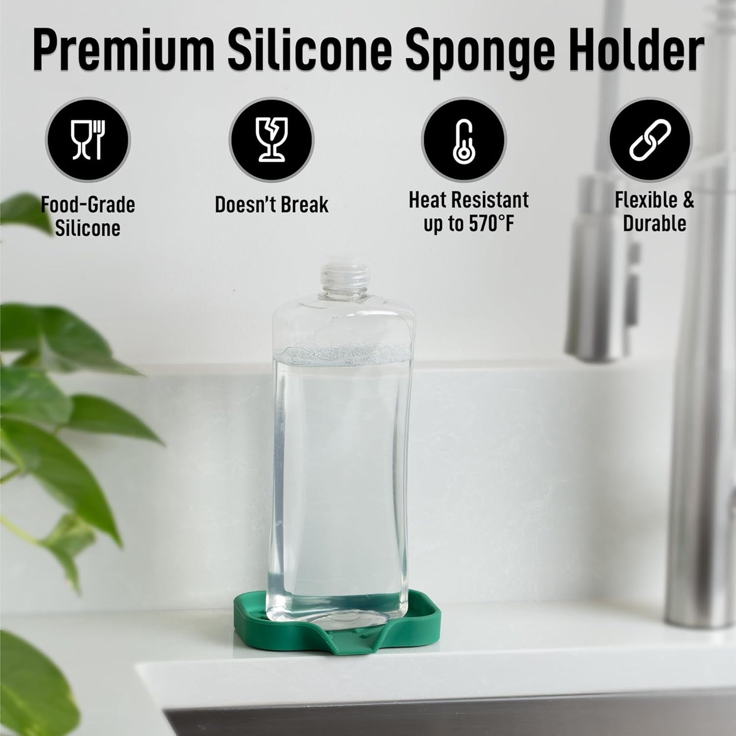 Zulay Kitchen Small Silicone Sponge Holder (4.9x3.3”) – Space-Saving Sink Organizer Tray for Sponge, Soap, Brush & More – Compact Non-Slip Dish for Kitchen & Bathroom Countertops (Pine Green)