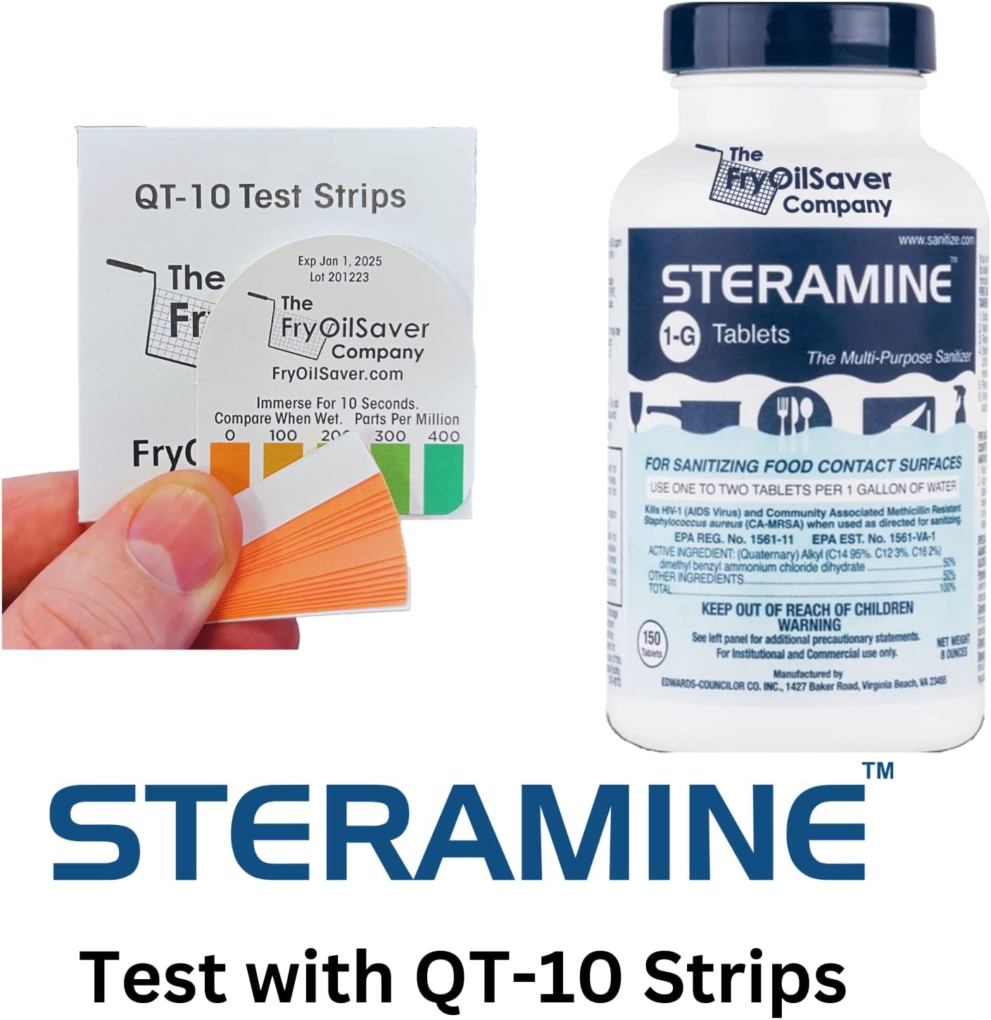 Pack of 6 (900 Tab) Steramine Sanitizing Tablets w/ 30x QT-10 Test Strips by FryOilSaver Co., Steramine Multi Purpose Contact Solution Sanitizer Tablets for Gym, Hotel, Bar, Restaurants & Food Service