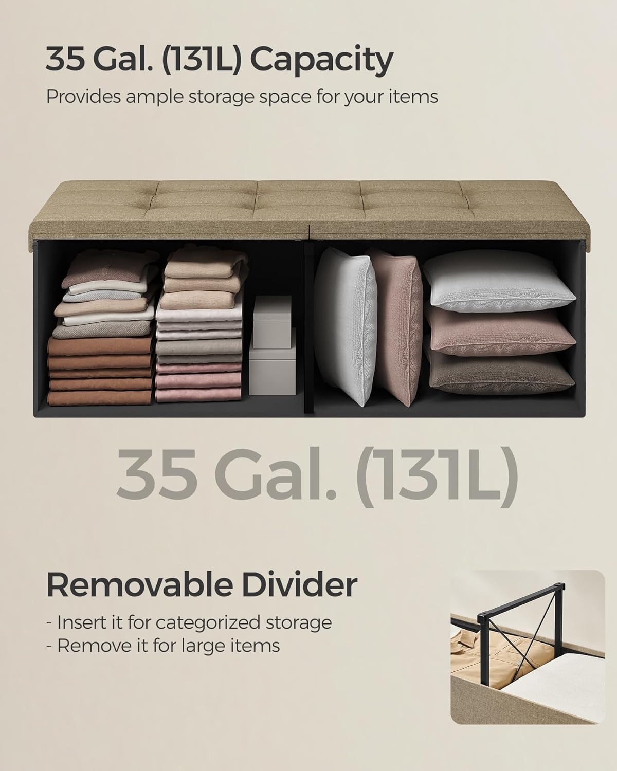 SONGMICS Mazie Collection - 43 Inches Storage Ottoman, Foldable Storage Bench with Flipping Lid, 660 lb Load Capacity, for Entryway, Living Room, Bedroom, Camel Brown ULSF076K01