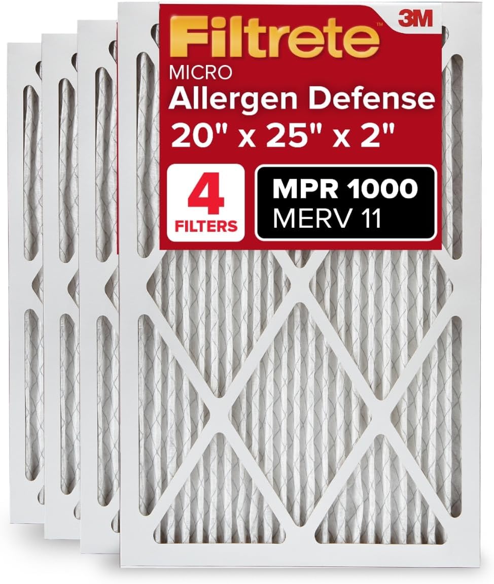 Filtrete 20x25x2 AC Furnace Air Filter, MERV 11, MPR 1000, Allergen Defense, 3-Month Pleated 2-Inch Electrostatic Air Cleaning Filter, 4 Pack (Actual Size 19.5 x 24.5 x 1.75 in)