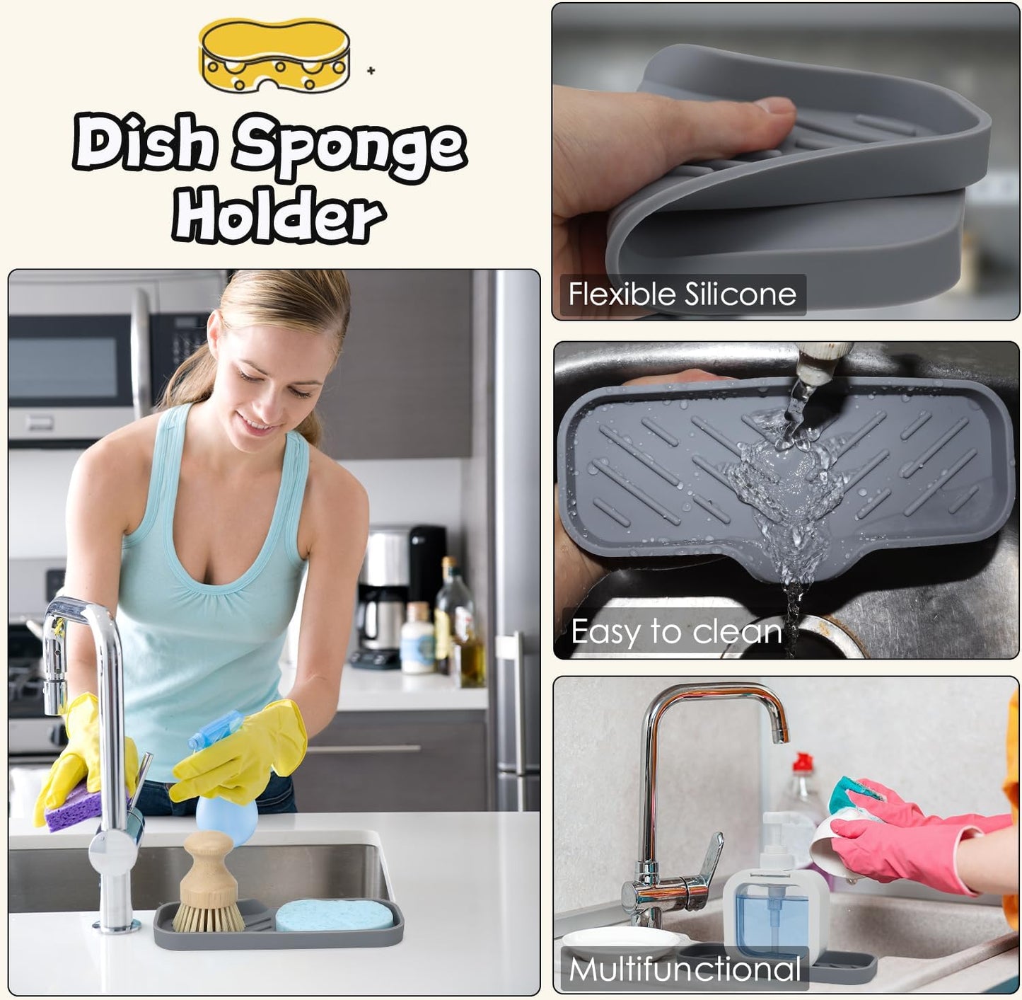 Silicone Bathroom Soap Dishes, Sponge Holder for Kitchen Sink, Shower Soap Holder with Drain, Soap Dispenser Tray, Soap Dish for Bottle, Cup, Sink or Counter Organizer - Gray 9" x 3.15"