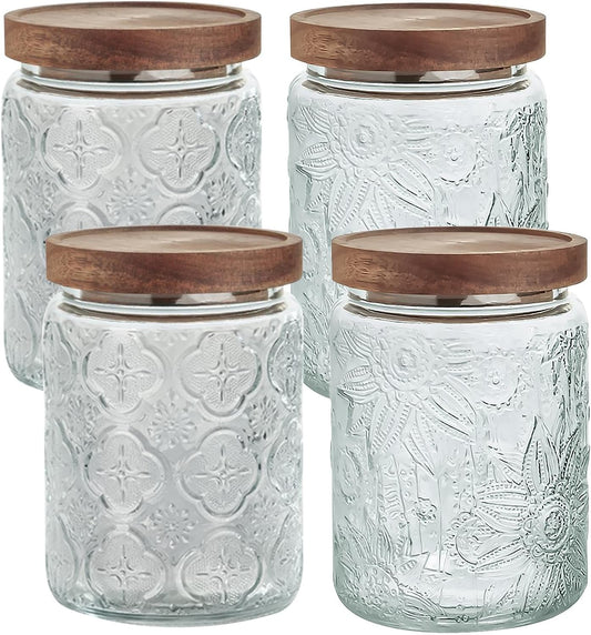 24 OZ/4 PCS Glass Storage Jar with Airtight Bamboo Wooden Lids, Vintage Food Containers Canisters Sets for Kitchen Counter Pantry, Sugar, Flour, Candy, Tea, Coffee Beans, Oats, Grain Bin, Pasta,