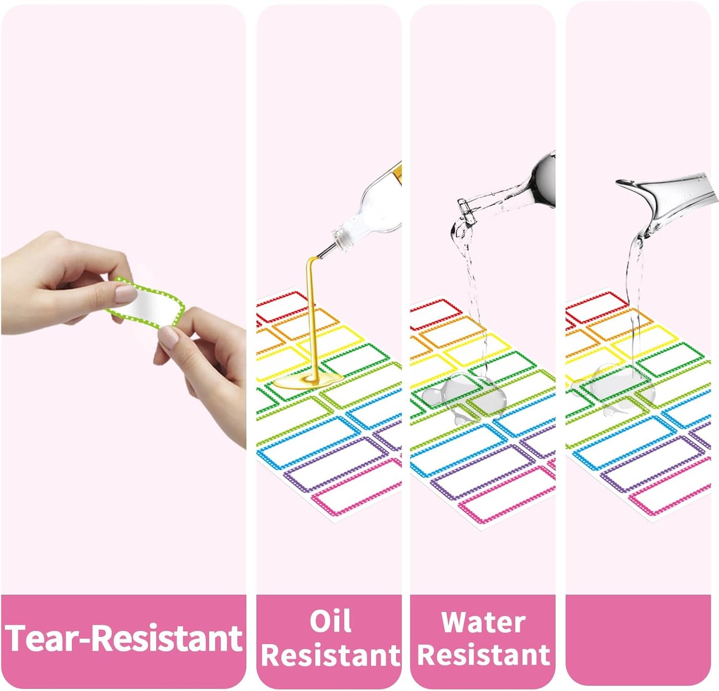 Removable Colored Labels Stickers, Self-Adhesive Rectangular Stickers Star Border Water/Oil/Tear Resistant for Storage/Classroom/Home (2 Size, 300 Labels)