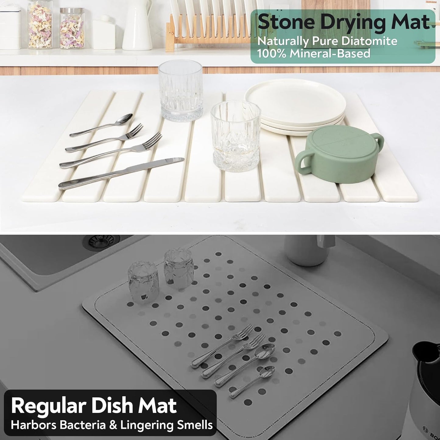 Large Stone Drying Mat for Kitchen Counter, 24x16 Foldable Self Stone Dish Drying Mat, Absorbent Food Grade Diatomaceous Earth Dish Dry Mats for Sink Bathtub