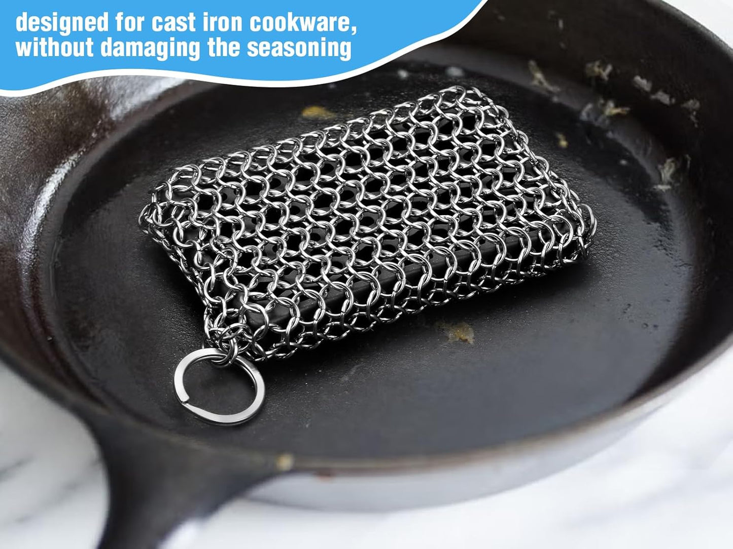 Herda Chain Mail Cast Iron Cleaner Scrubber,316 Chainmail Pan Scrubber Metal Cleaning Brush, Pad, Sponge Scraper to Clean Skillet,Dutch Oven, Wok,Grill Griddle,Chain Link Scrub Brush Pot Care Kit