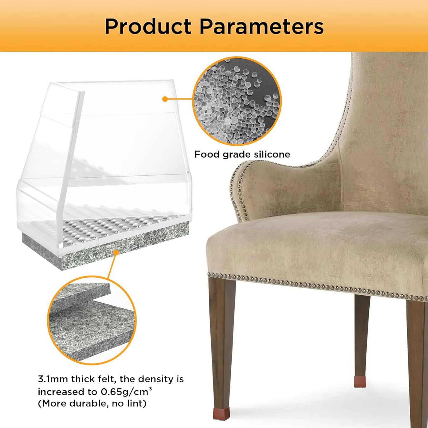 Square Chair Leg Protectors for Hardwood Floors,16 Pcs Silicone Felt Furniture Legs Caps to Prevent Floor from Scratches and Reduce Noise, Easy to Move,1.3-1.54",Clear.