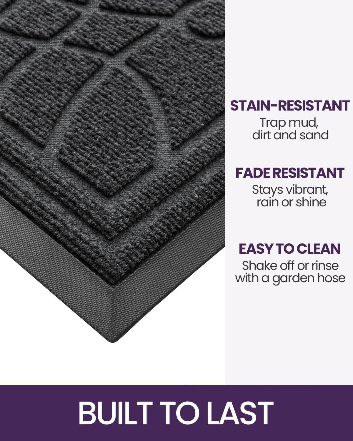 DEXI Front Door Mat Outside Entrance, Heavy Duty Non Slip Low Profile Doormat for Entryway, Trap Dirt and Moisture Welcome Mats, Easy Clean, Patio, Garage, 17x29, Grey