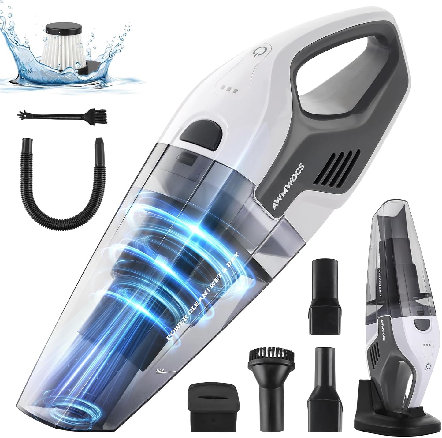 9700Pa Handheld Vacuum Cordless, 100W Portable Car Vacuum, Wet Dry Hand Held Vacuum, Lightweight Low-Noise Washable HEPA Filter Vacuum Cleaner for Car/Home/Pet/Office