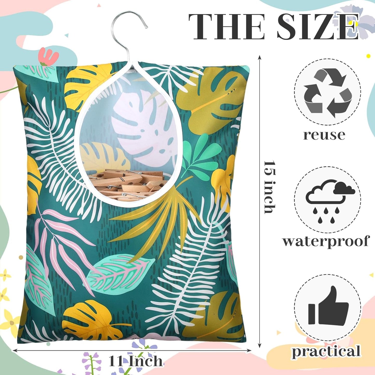 Woanger 2 Pcs Clothes Pin Bag Clothespin Holder 15 x 11 in to Hang on Line Clothes Pin Hanging Bag for Clothesline Outdoor Storage Organizer Basket with Large Opening(Leaves Style)