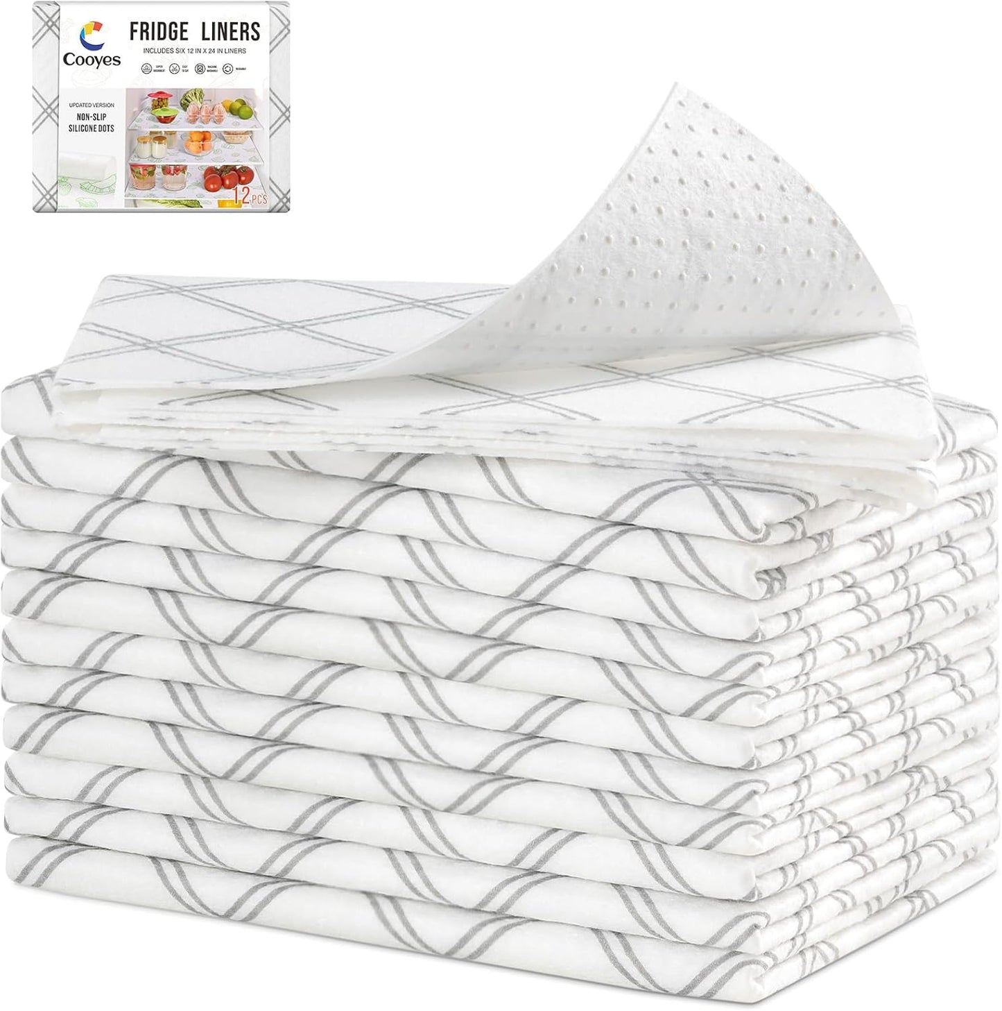 Cooyes 12pcs 12" x 24" Refrigerator Liners, Premium Absorbent Fridge Bin Liners Non-Slip Washable, Refrigerator Drawer Liners and Mats for Glass Shelves, Kitchen Cabinets, Non-Adhesive
