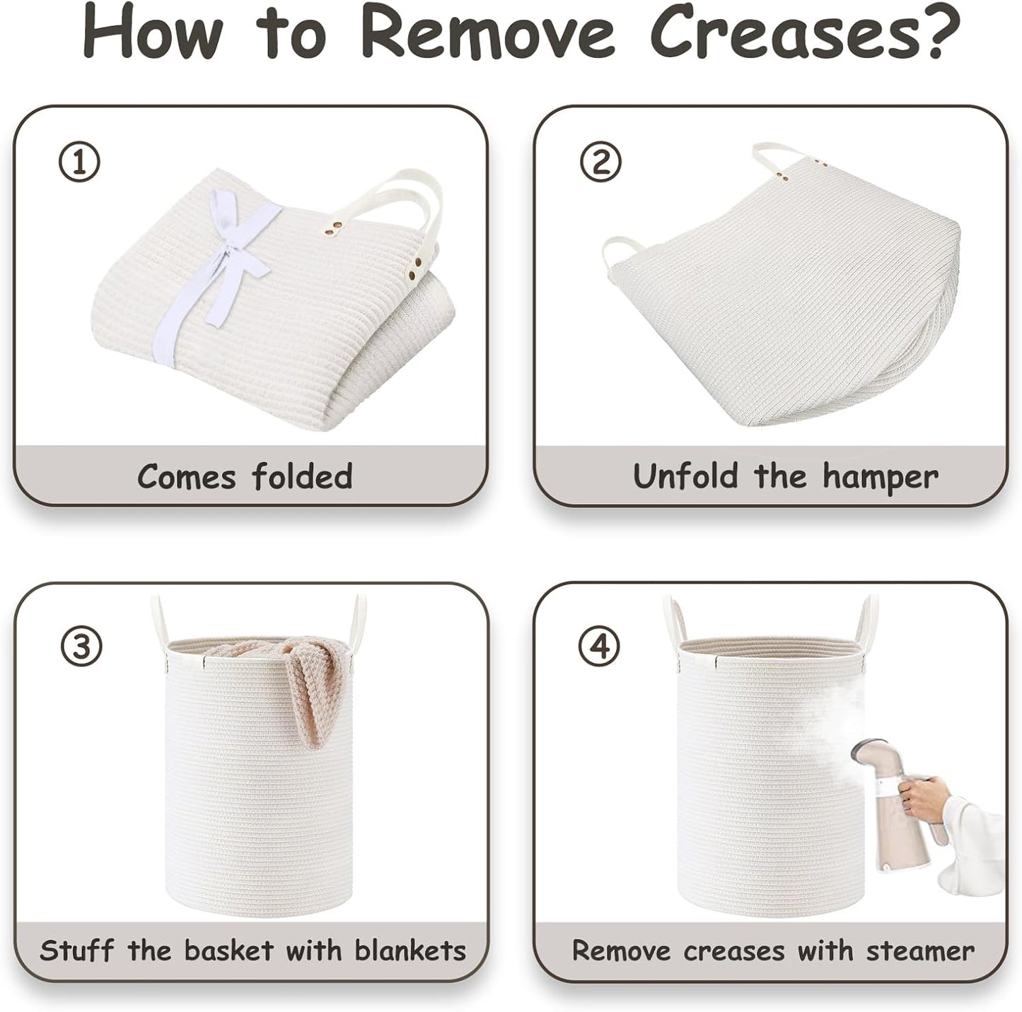 VIPOSCO Tall Laundry Basket, Large Dirty Clothes Hamper with Leather Handle, Woven Rope Storage Basket for Blanket, Toy In Living Room, Bathroom, Bedroom - 72L White