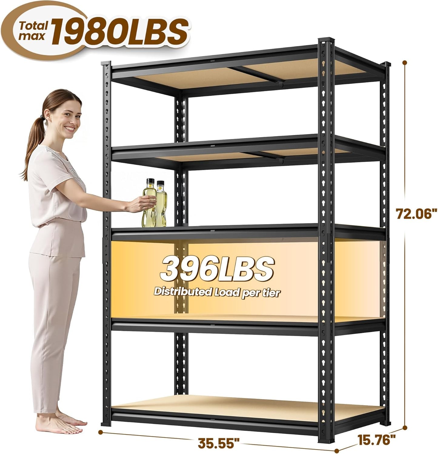5-Tier Storage Shelves, 1980LBS Adjustable Pantry Shelves, Metal Shelving Unit for Kitchen, Pantry, Closet, Laundry, Garage, 72.06" H x 35.55" W x 15.76" D