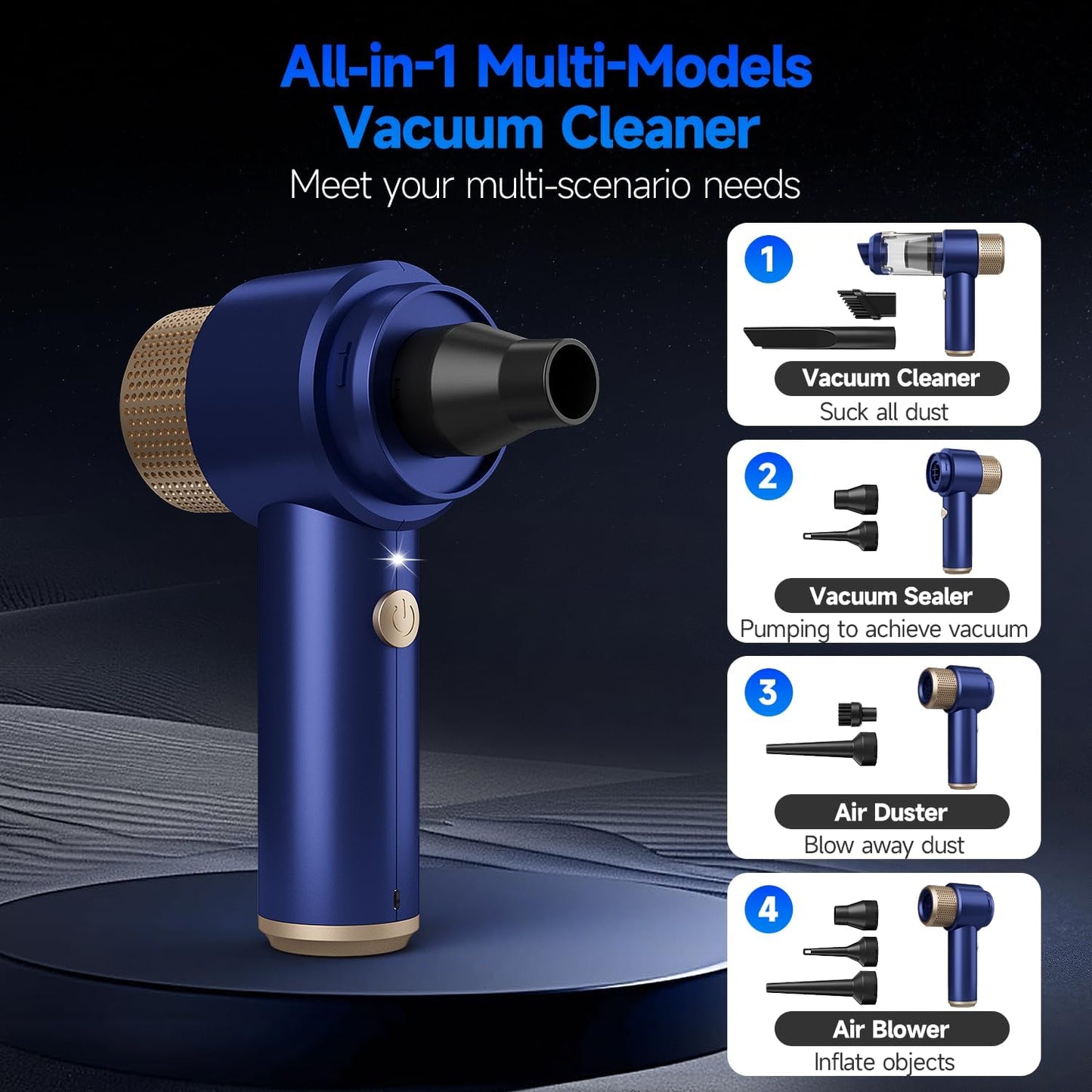 Car Vacuum Cleaner, 16000PA Mini Car Vacuum Cordless Powerful, 7 in 1 Portable Handheld Vacuum Cordless with LED Light, Dual Filters, One-Touch Empty for Pet Hair, Home, Office