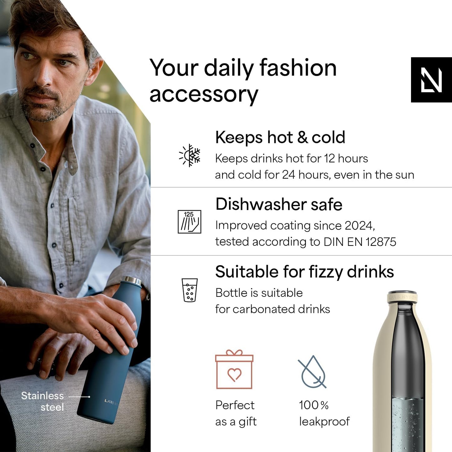 LARS NYSØM Stainless Steel Insulated XL Water Bottle 12oz 17oz 25oz 34oz 51oz | Insulated Thermo Flask for Hot and Cold Beverages | Leakproof Drinking Bottle (Almond Beige, XL 50.7oz)