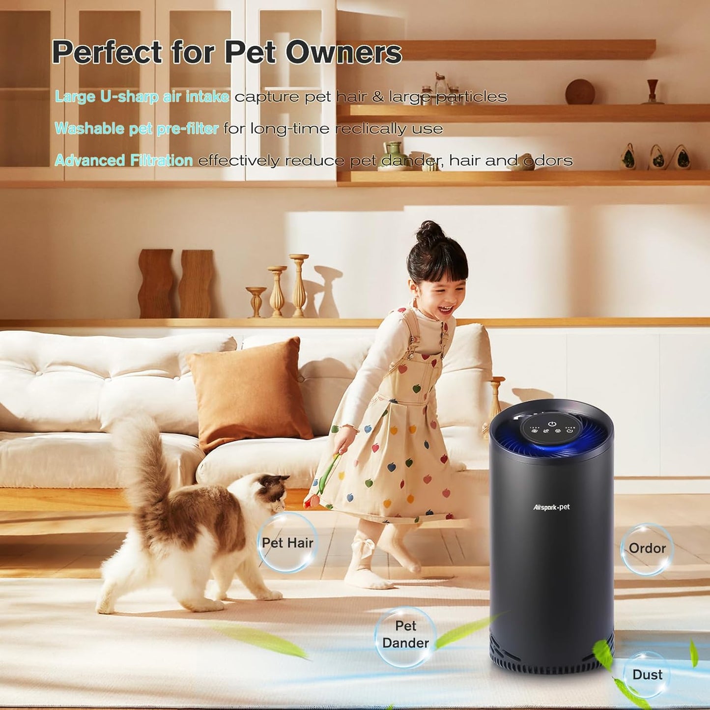 Pet Air Purifiers for Home Pets in Bedroom and Large room. Washable Pet Pre-Filter HEPA Air Purifier for Pet Hair Dander Odors, Filter 99.99% Smoke Dust Dander Pollen, Night Light Sleep Mode