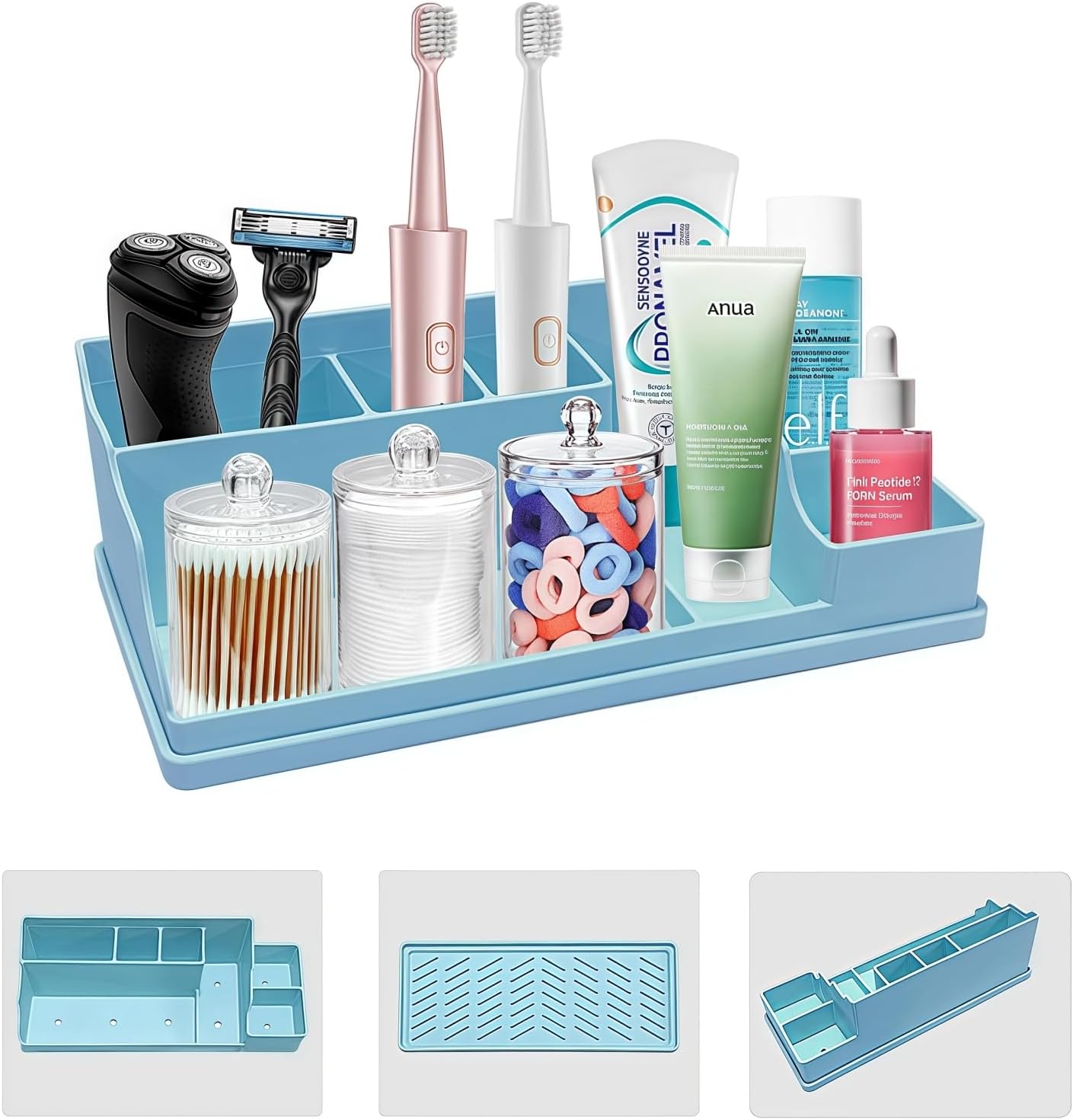 Silicone Multifunctional Bathroom Organizer Countertop,7Compartment Silicone Cosmetics Storage Organizer, Bathroom Countertop Accessories Storage,Toothbrush Stand for Vanity Office Sink, Blue