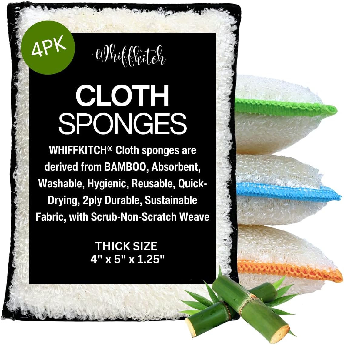 Whiffkitch Bamboo Fiber Kitchen Sponges – Washable Multicolor Non Scratch Dish Sponge Set for Sink, Dishes, and Countertops – Durable Household Cleaning Pads, Washable Dishwashing Scrubbers, 4-Pack