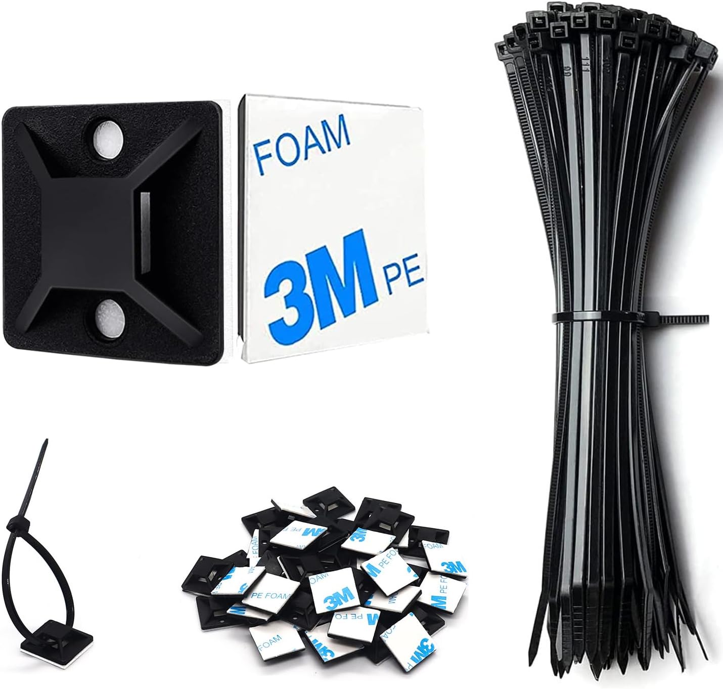 50 Set Cable Zip Tie Self Adhesive Mounts Kit with 6" Zip Ties, 3/4" Wire Holders Squares, Screws - Sticky Wire Fasteners Cable Clips Management Anchors Organizer