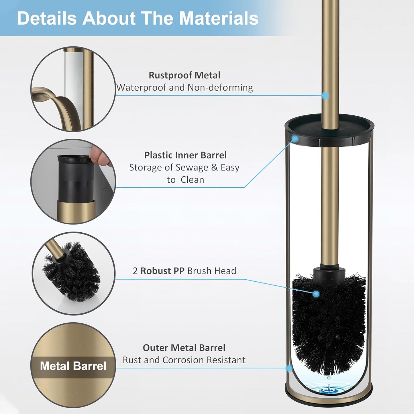 BGL Brushed Gold Toilet Brush and Holder,Stainless Steel Toilet Brushes for Bathroom with Holder