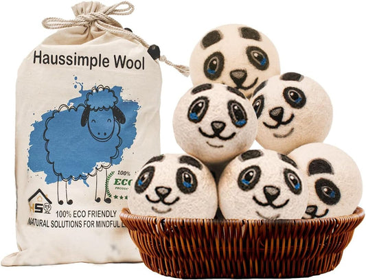 Wool Dryer Balls Organic Felt 6 Pack Laundry Fabric Softener, Extra Large Reusable Handmade Natural Sheep Wool Lint Wrinkle Free Anti Static Baby Safe (Panda)