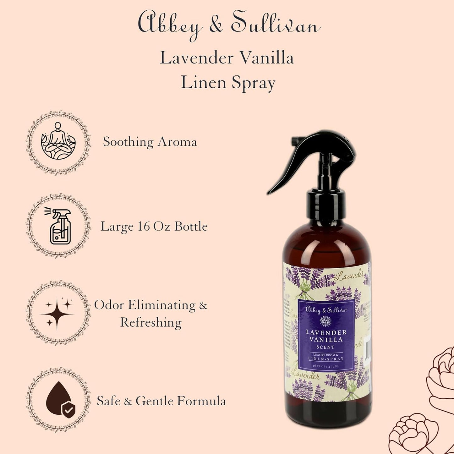 Abbey & Sullivan Odor Eliminating and Refreshing Linen and Room Spray, Lavender Vanilla, 16 oz.