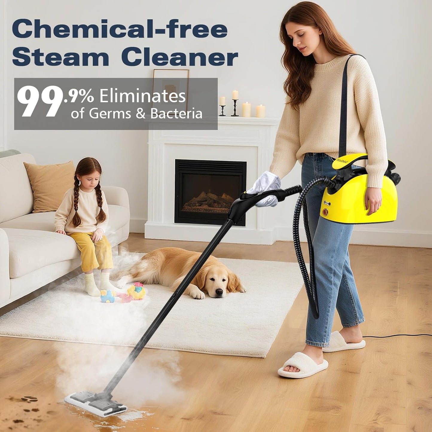 Steam Cleaner with 21 Accessories, 248°F High-Temp Steam & 1.1L Large Tank for Deep Cleaning Floors, Tiles, Carpet, Cars - Free Cleaning (Yellow) Chemical-Free Home & Auto Use