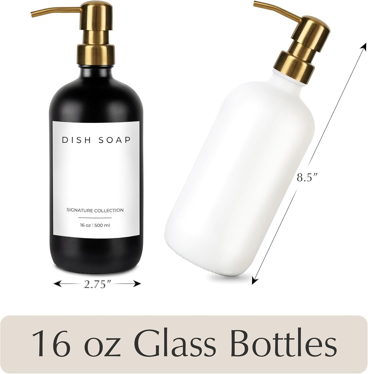 Emerson Essentials Glass Soap Bottle Dispensers, 2 Pack, Stainless-Steel Pumps Rust-Free, Hand Set for Bathroom Kitchen Sink, Liquid Lotion Shampoo Jars with 4 Waterproof Labels, 16 Oz Black/White