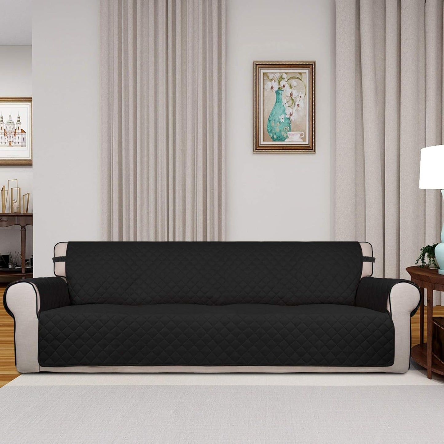 PureFit Reversible Quilted Sofa Cover, Water Resistant Slipcover Furniture Protector, Washable Couch Cover with Non Slip and Elastic Straps for Kids, Dogs, Pets (XX Large, Black/Beige)