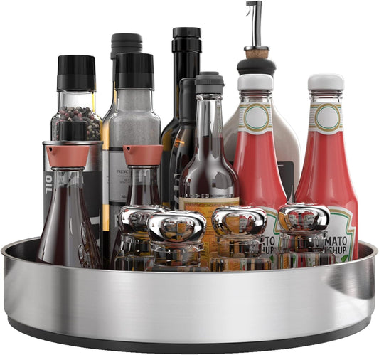 VAEHOLD Pantry Cabinet Lazy Susan Stainless Steel Black Spice Rack Turntable - Decorative Trays Storage Containers Organizer for Kitchen Cabinet, Snacks, Bathroom (10 inches)